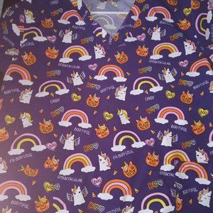 Halloween Scrub Top Rainbow Unicorn XL Womens